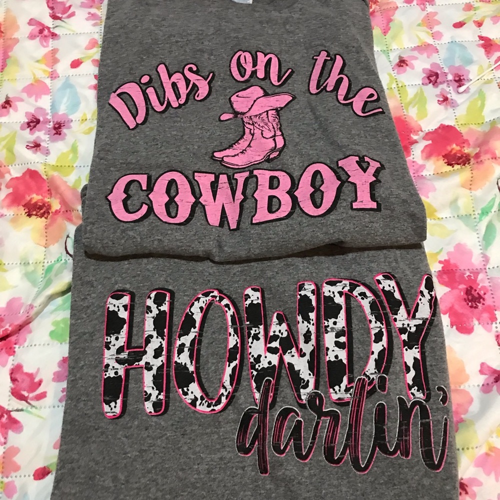 2 Gray Graphic Tees with Country /Cowboy / Western / Cowgirls - Style and Print.